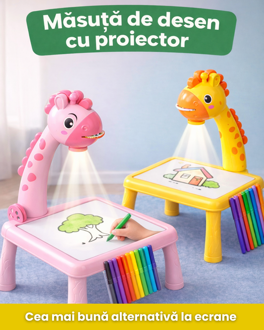 Set complet | Masă, proiector, 12 carioci, 24 șabloane, muzică, tablă reutilizabilă