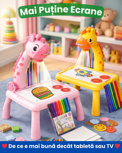 Set complet | Masă, proiector, 12 carioci, 24 șabloane, muzică, tablă reutilizabilă