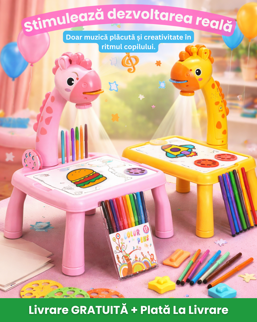 Set complet | Masă, proiector, 12 carioci, 24 șabloane, muzică, tablă reutilizabilă