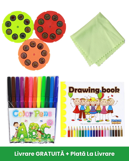 Set complet | Masă, proiector, 12 carioci, 24 șabloane, muzică, tablă reutilizabilă